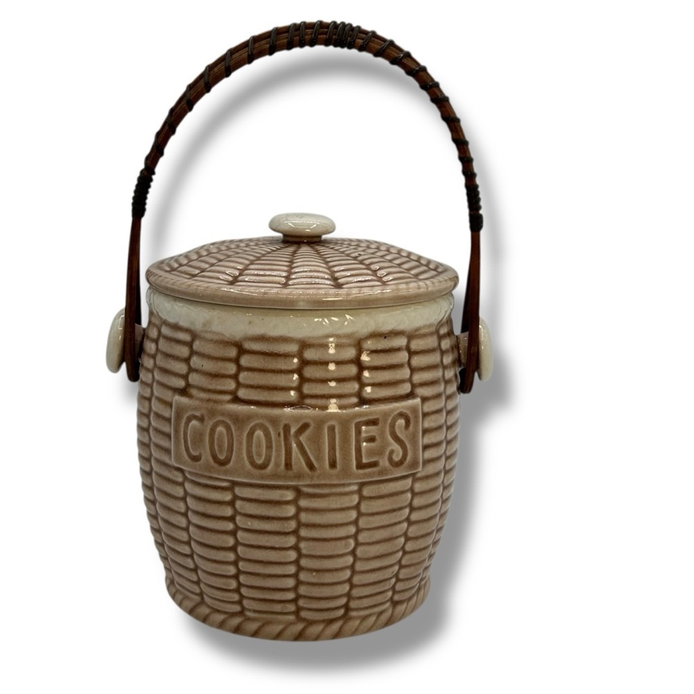 Vintage Cookie Jar Ceramic Basket Tan Brown Lidded Jar Food Storage Container